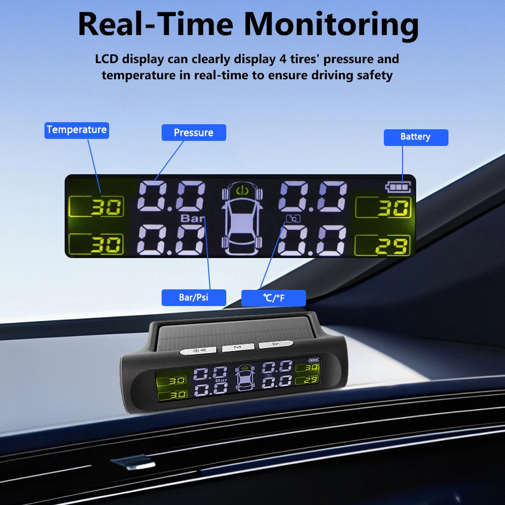 Tyre Pressure Monitoring System Digital LCD Display Auto Security Alarm Solar Charging Universal Smart Car TPMS