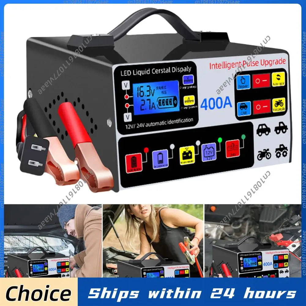 400A Car Battery Charger 220W Heavy Duty Smart Battery Charger 12V/24V Battery High Power Fast Charger Self-Stop Battery Charger