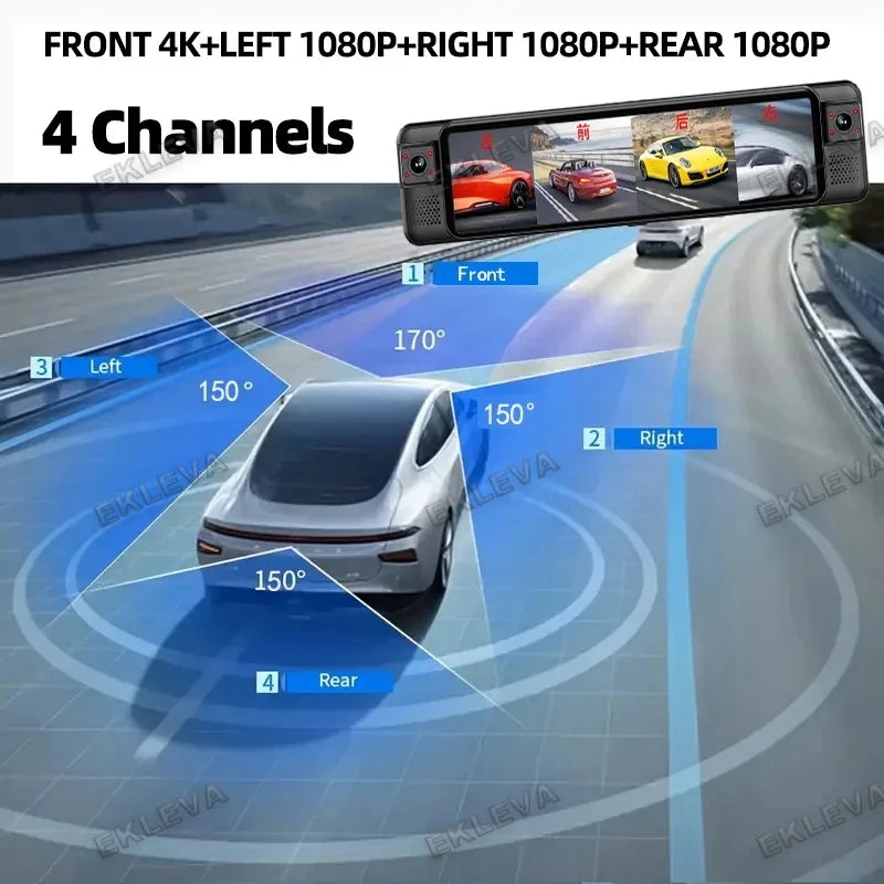 4CH Dash Cam 11" 4K+1K+1K+1K WIFI Rear View Mirror 4 Cameras Video recorder Car DVR ADAS BSD Night Vision 24H Parking Monitor
