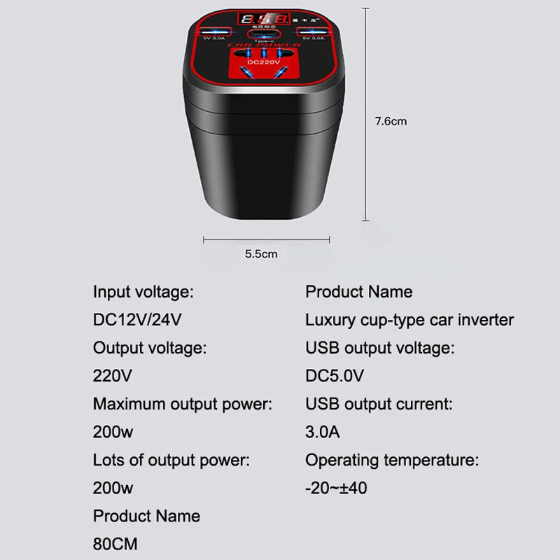12V/24V to 110V/220V Car Power Inverter - Type-C Multi-Function Charger (3.1A Fast Charging)