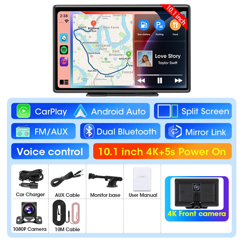 Portable 10.1 inch 4K Dashcam Wireless Carplay Android Auto DVR Car Intelligent Systems Dashboard Car DVR Bluetooth FM AUX