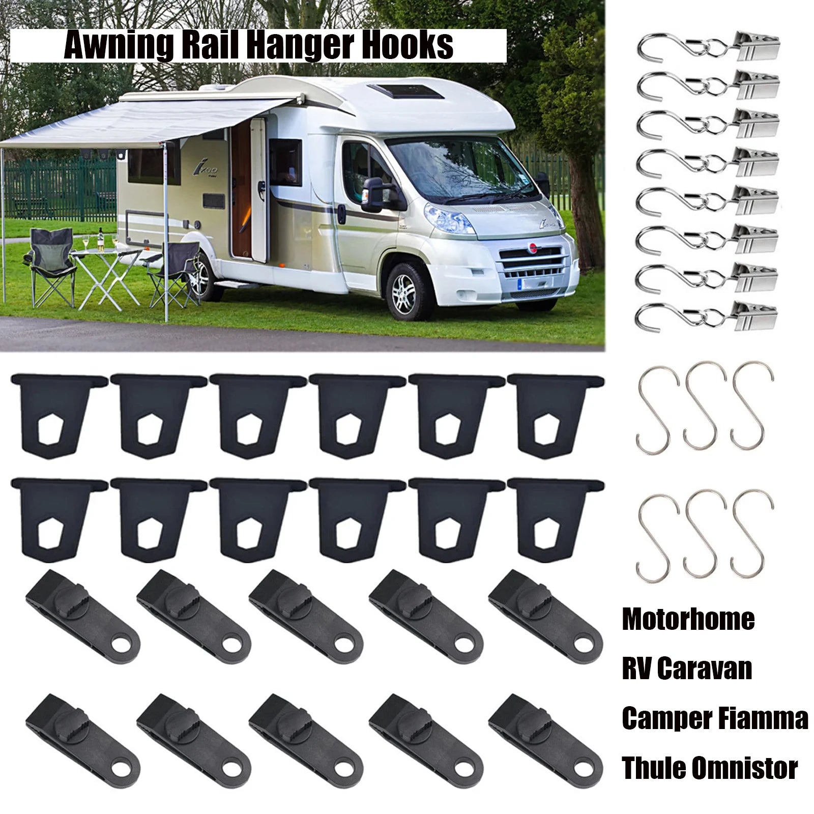 For Fiamma Thule Omnistor Motorhome RV Awning Hooks Camping Hangers S Shaped Accessory Set Camping Tent Clamp Tarp Clips Buckle