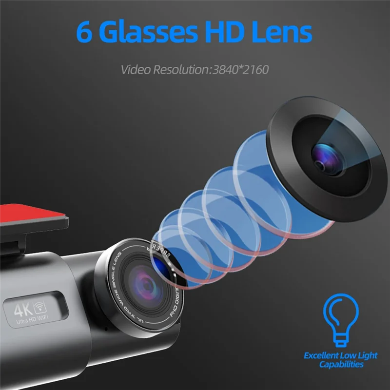A99E-4K UHD Dash Cam DVR Car Camera Night Vision Video Recorder Dual Lens Built-In Wi-Fi GPS 24H Parking