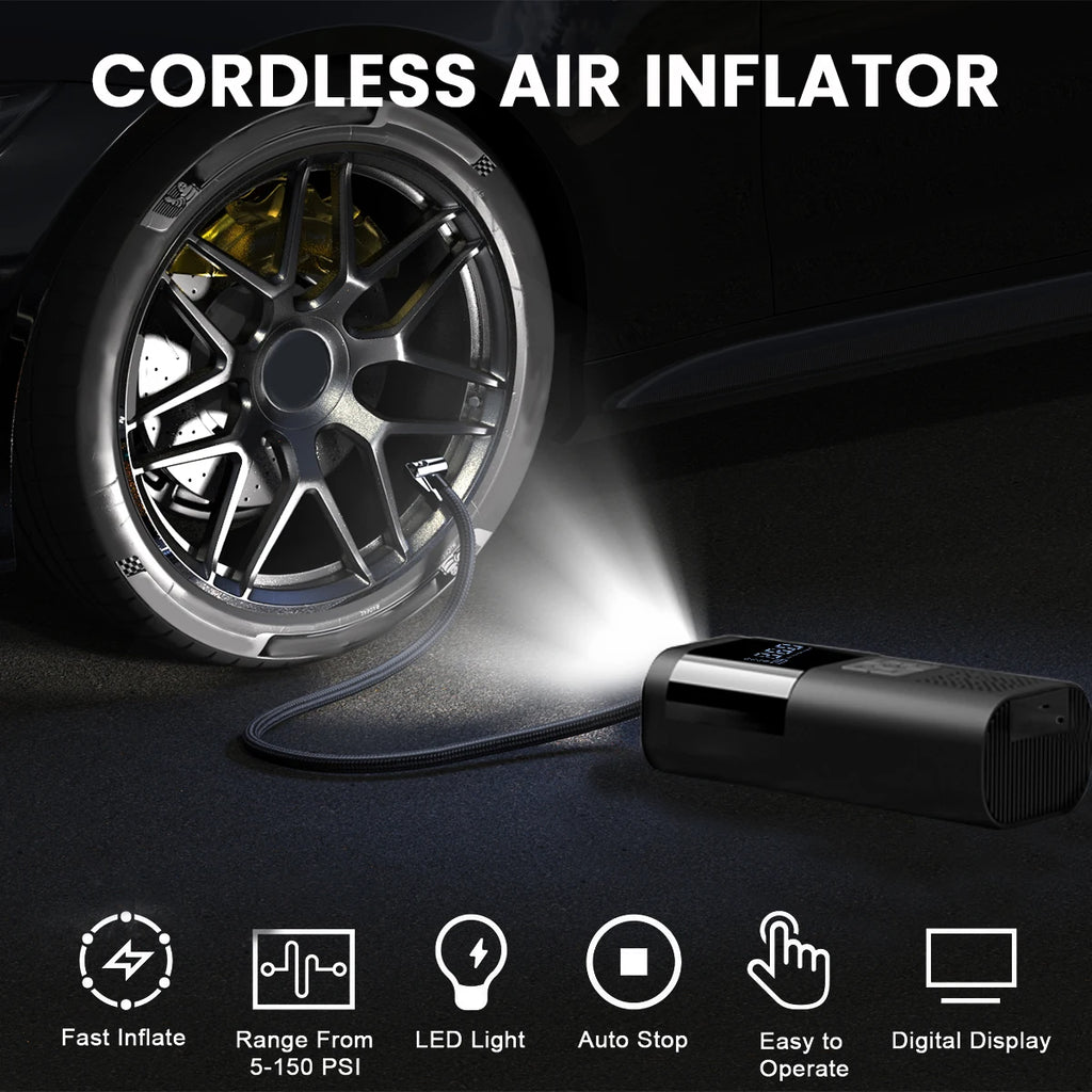 150PSI 3X Faster Cordless Tire Inflator-Portable Air Compressor w/Digital Gauge,LED Light for Car,Bike,Motorcycle & Sports Balls