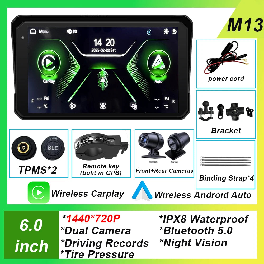 6 inch Screen For Car Motorcycle Waterproof  IPX8 Monitor Dash Cam GPS Navigation Wireless Carplay Android Auto With TPMS DVR