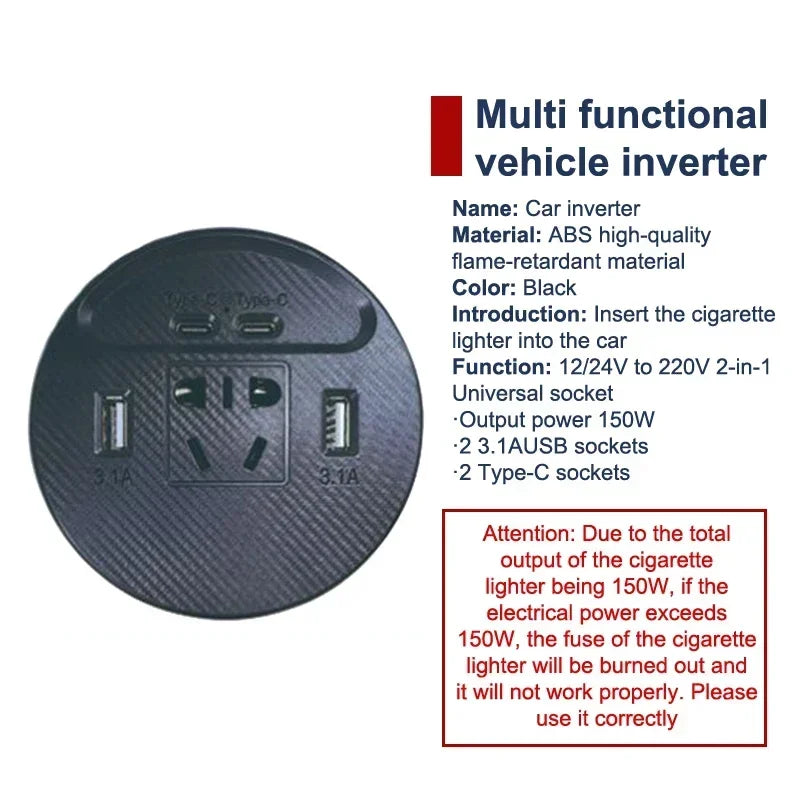 DC 12V/24V To 220V 150W Quick Charger Car Inverter USB Type C Power Inverter Adapter Converter Fast Charging Automobile Inverter