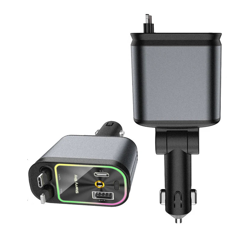 Super Fast Car Phone Charger, 100W Car Phone Charger with Retractable Cables USB and Type-C Port, 4 IN 1 Retractable Car Charger