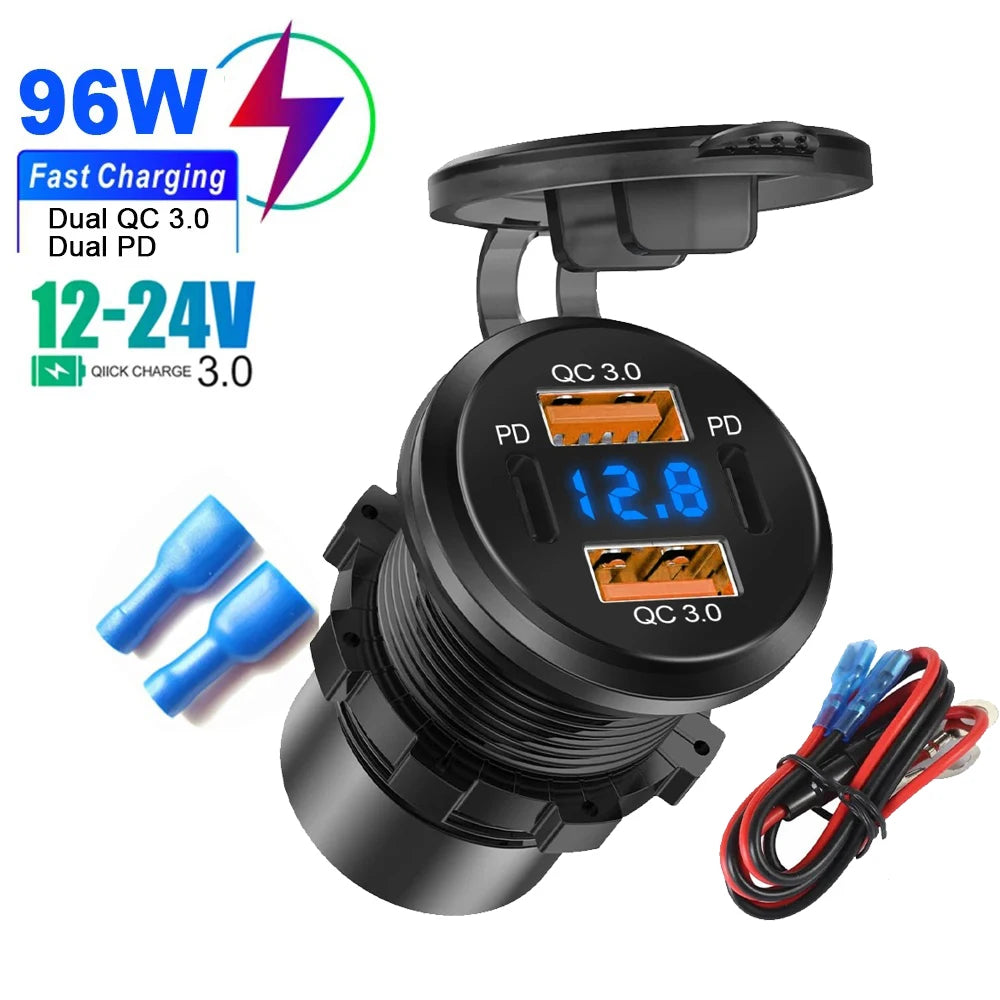 86W Car Charger PD Type C QC3.0 Fast Charging with Voltmeter Power Outlet Adapter Waterproof 12V/24V for Car Boat Motorcycle