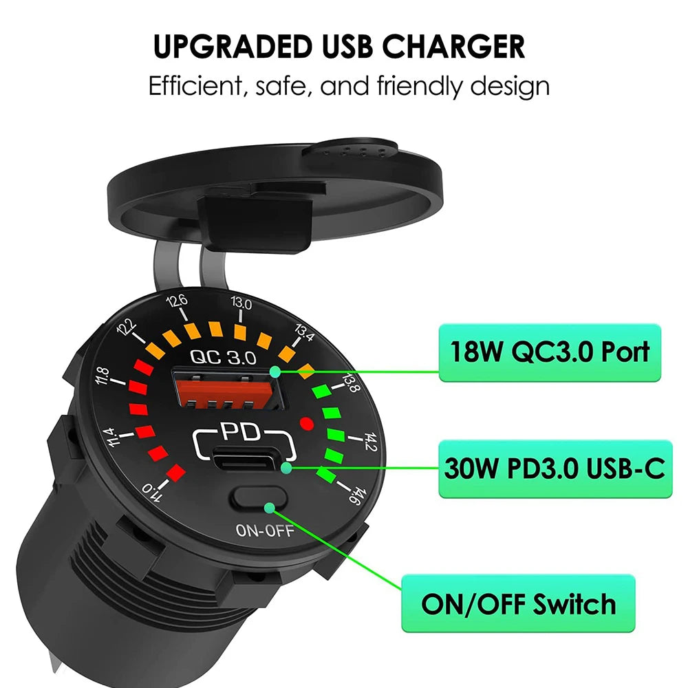 Car Charger with LED  36W Dual USB QC 3.0  12/24V Waterproof USB PD Outlet Fast Charge For Car Motorcycle