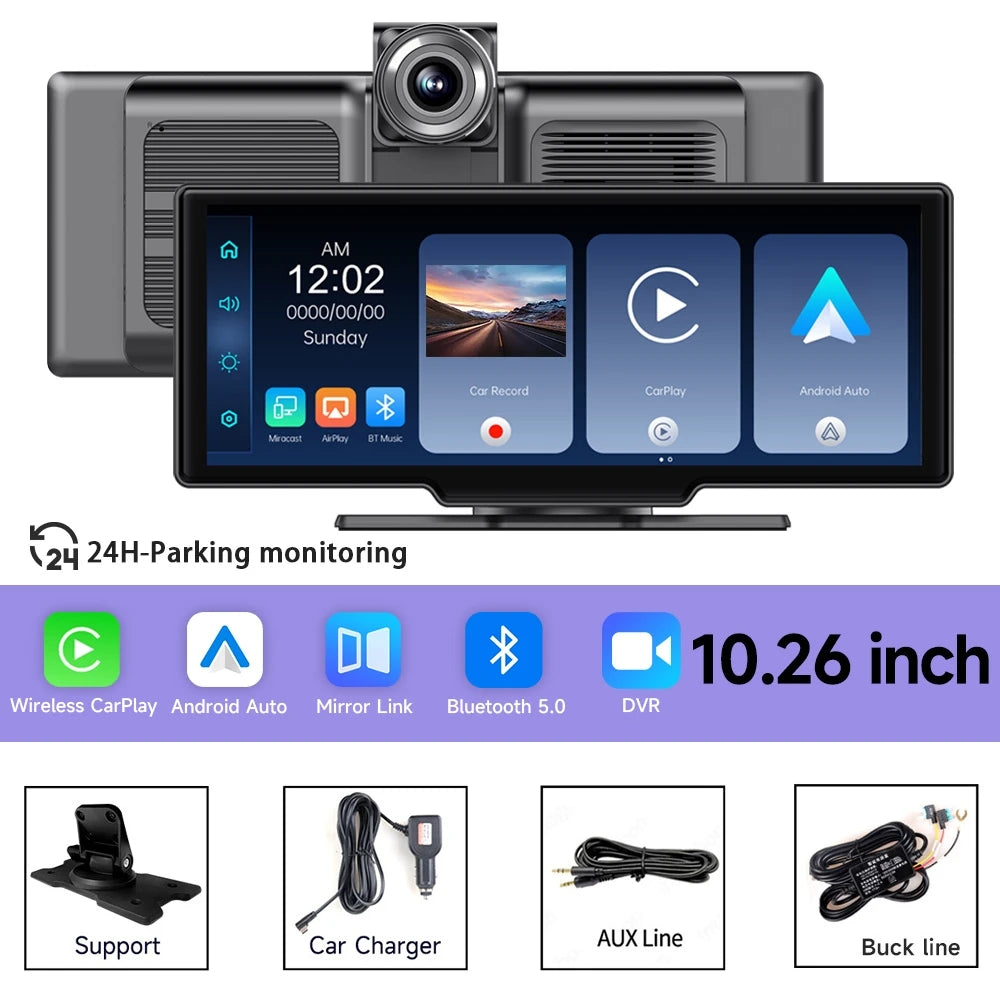 10.26 Inch 4K Car DVR Dash Cam Rearview Camera Carplay & Android Auto Navigation With Voice Control BT FM Monitor Car Screen