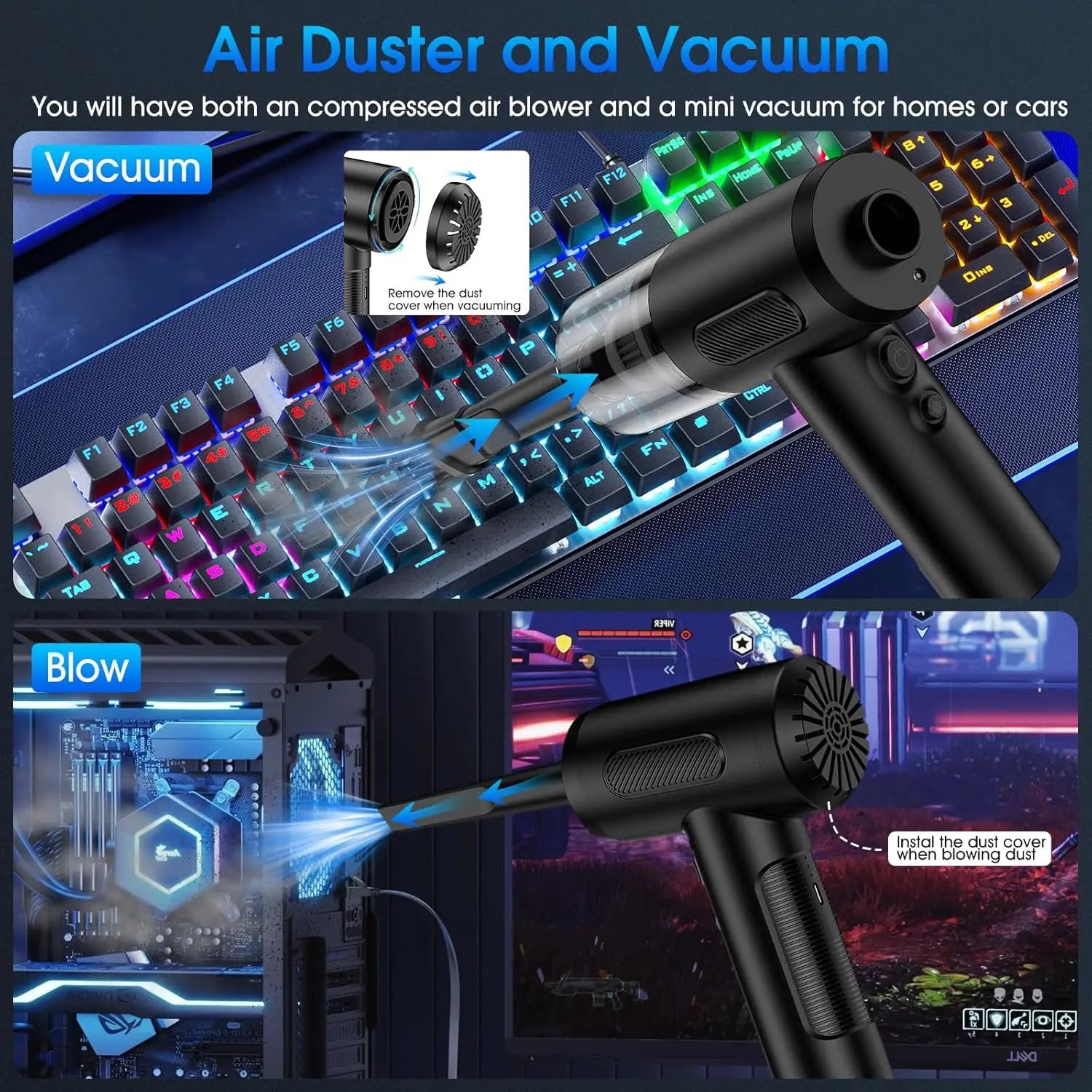 Compressed Air Duster 100000RPM Handheld Electric Air Blower & Car Vacuum, 3-Gear Adjustable Keyboard Cleaner with LED Light
