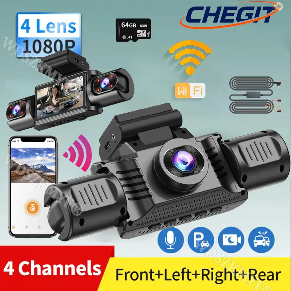 2026 New 360° Car Dash Cam 4 Channel HD 1080P Car DVR WiFi Dash Cam Loop Recording Night Vision 24H Parking Monitor Black Box
