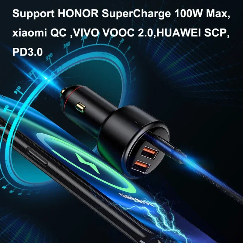 200W USB PD Car Charger 3port Super Fast Charger2.0 100W 65W SuperCharge QC3.0 for Honor Xiaomi Vivo Huawei iPhone 14 13Pro