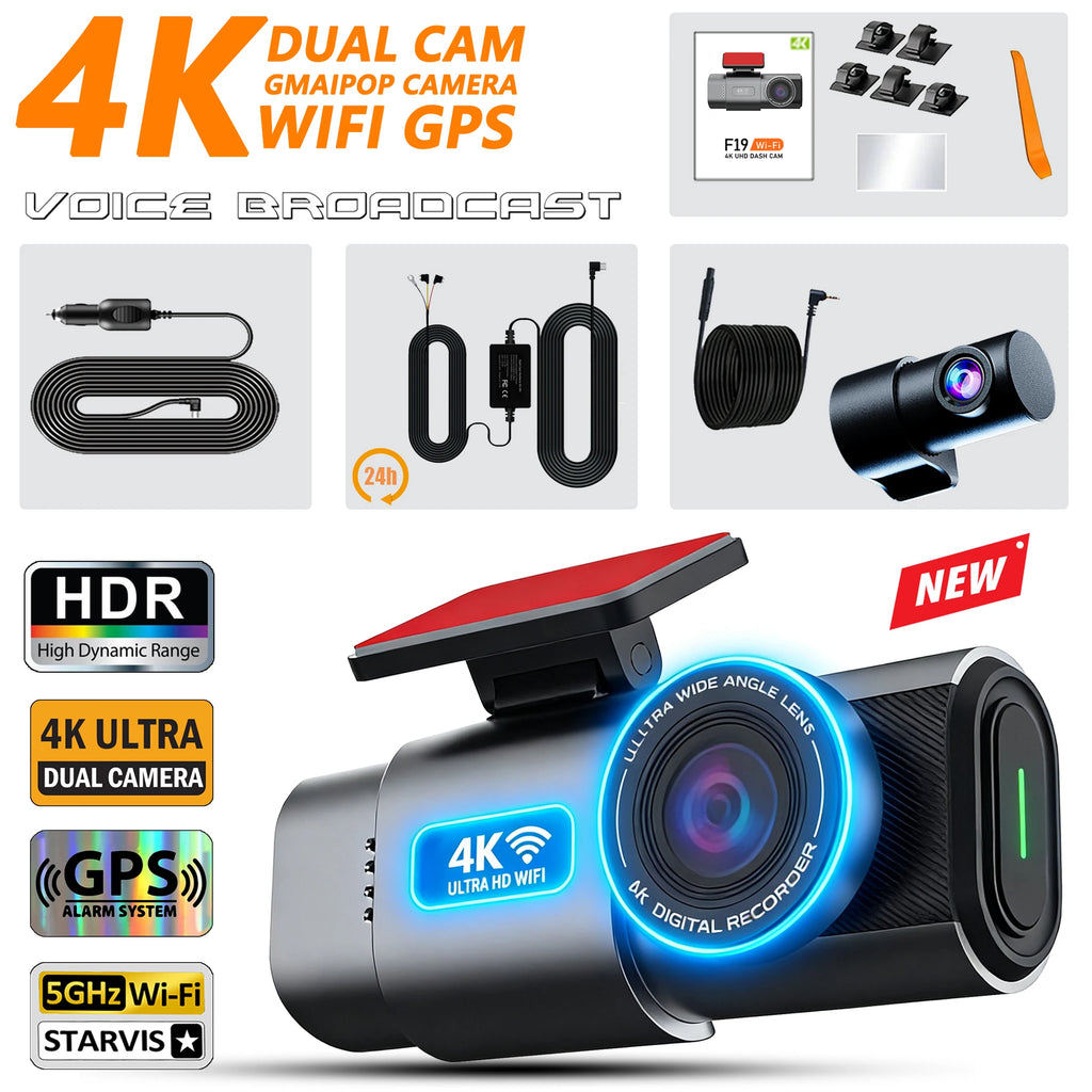 Dash Cam 4K UHD Recording Car Camera DVR HDR Night Vision Video Recorder Built-In Wi-Fi Support GPS 24H Parking APP Monitor