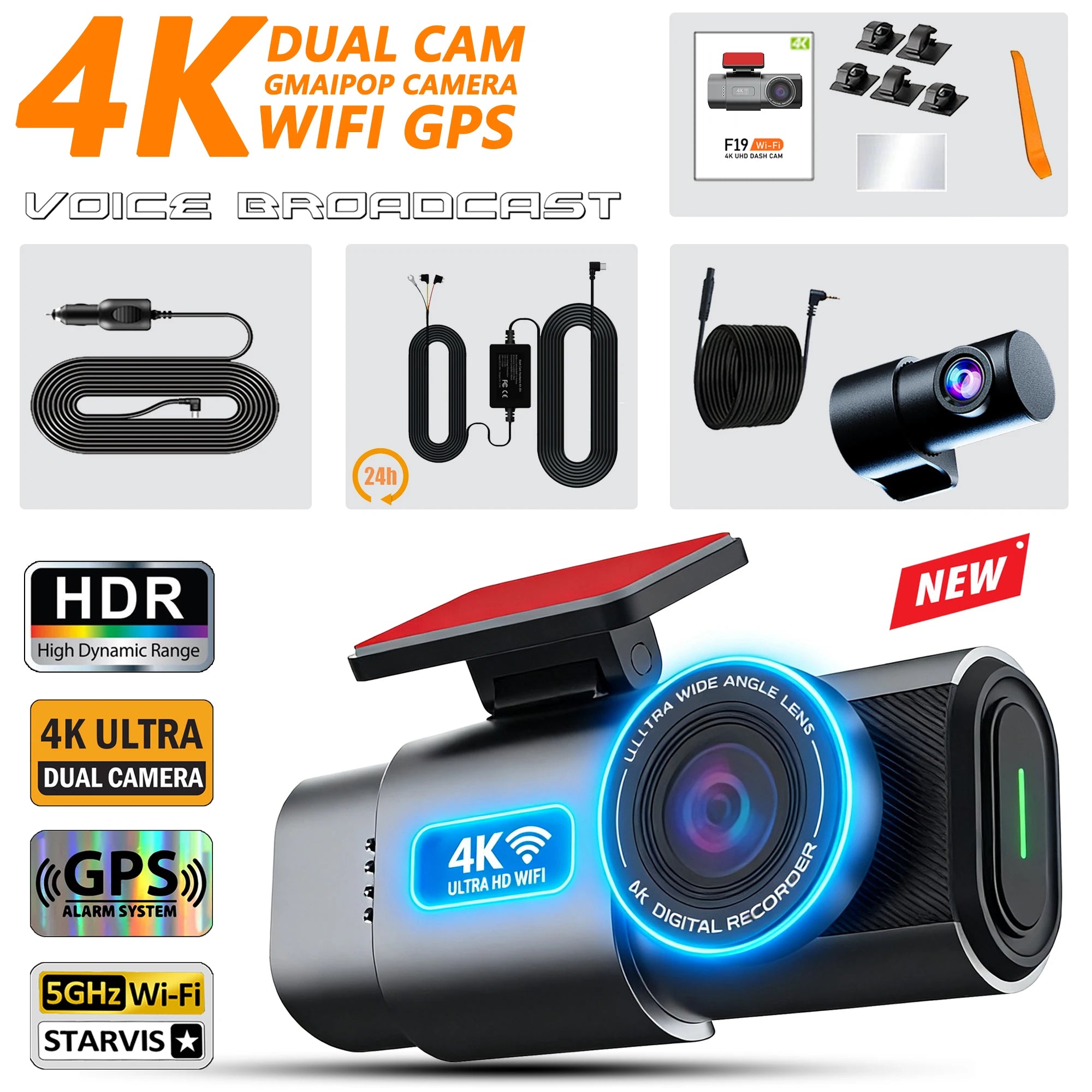 Dash Cam 4K UHD Recording Car Camera DVR HDR Night Vision Video Recorder Built-In Wi-Fi Support GPS 24H Parking APP Monitor