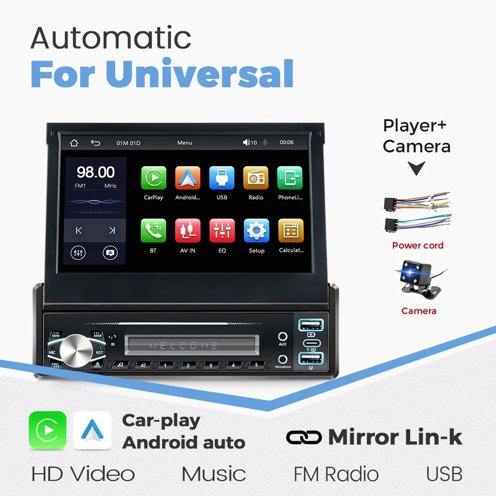 7 Inch Automatic Retractable Touch Screen Wireless Carplay Android Auto Universal 1 Din Car MP5 Player FM Radio BT Mirror Lin-k