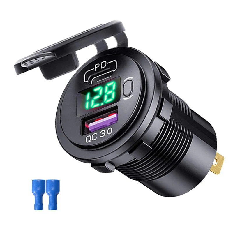 Car USB Charger QC3.0 PD Type C USB with Switch Socket for 12V/24V Vehicles Boat Motorcycle SUV Bus Truck Caravan Marine