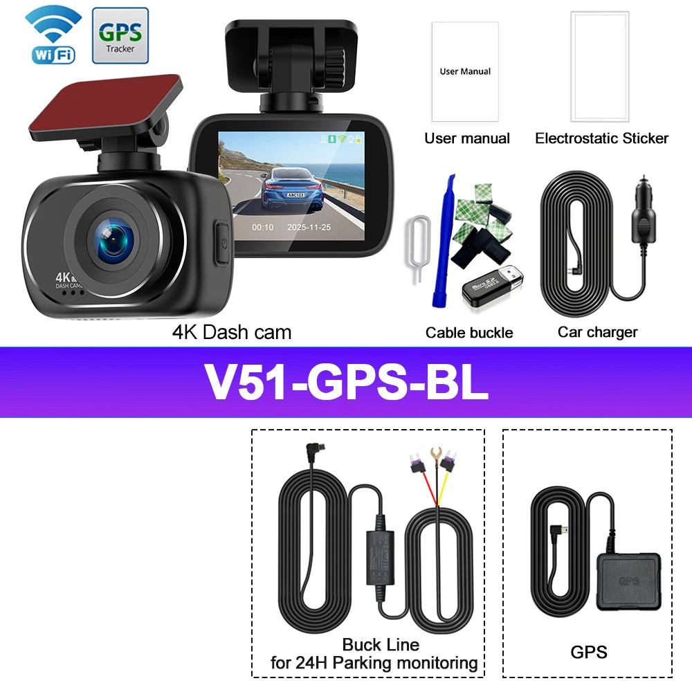 Dash Cam Dual Lens 4K UHD Recording Car Camera DVR Night Vision Video Recorder Support GPS Wi-Fi Black Box 4K Rear View Camera
