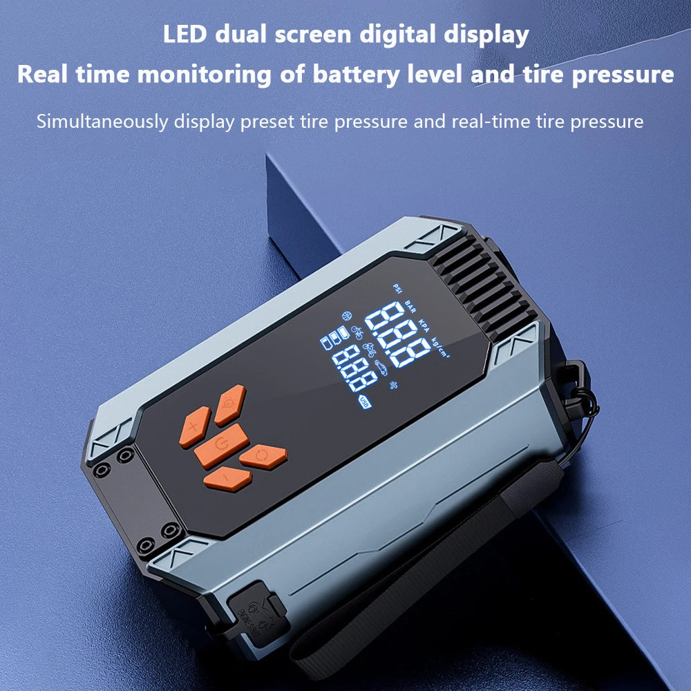 LED dual screen digital display, real-time monitoring of battery and tire pressure, wireless vehicle air pump