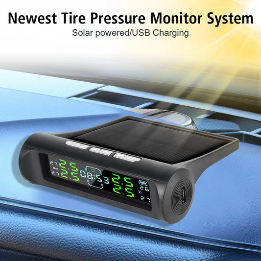 Auto Security Alarm Systems Digital LCD Display USB / Solar TPMS Car Tire Pressure Monitoring System With Digital Clock