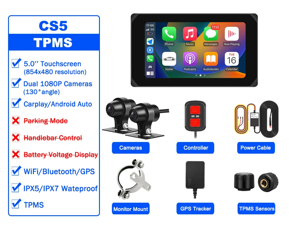 VSYS Carplay Android Auto Motorcycle Dash Cam 5.0'' Touchscreen with Dual 1080P Waterproof Cameras TPMS Parking Mode WiFi App