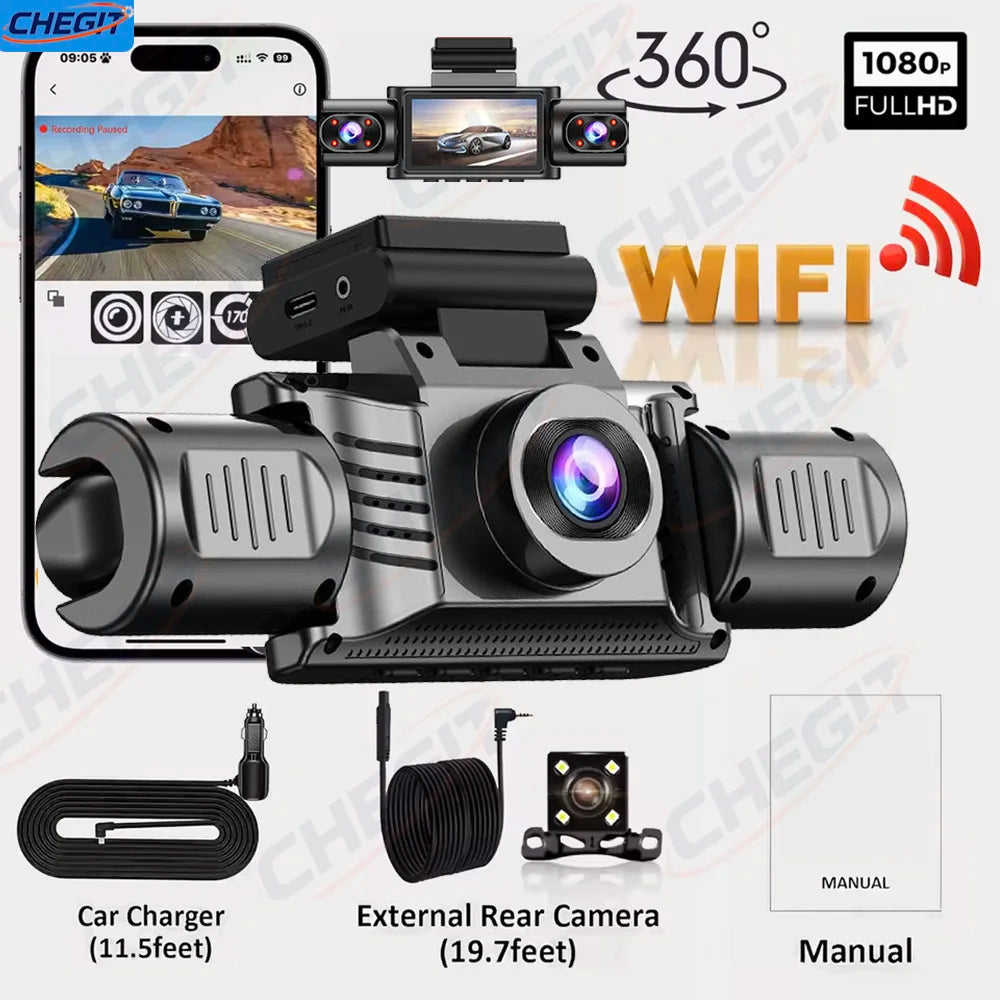 2026 New 360° Car Dash Cam 4 Channel HD 1080P Car DVR WiFi Dash Cam Loop Recording Night Vision 24H Parking Monitor Black Box