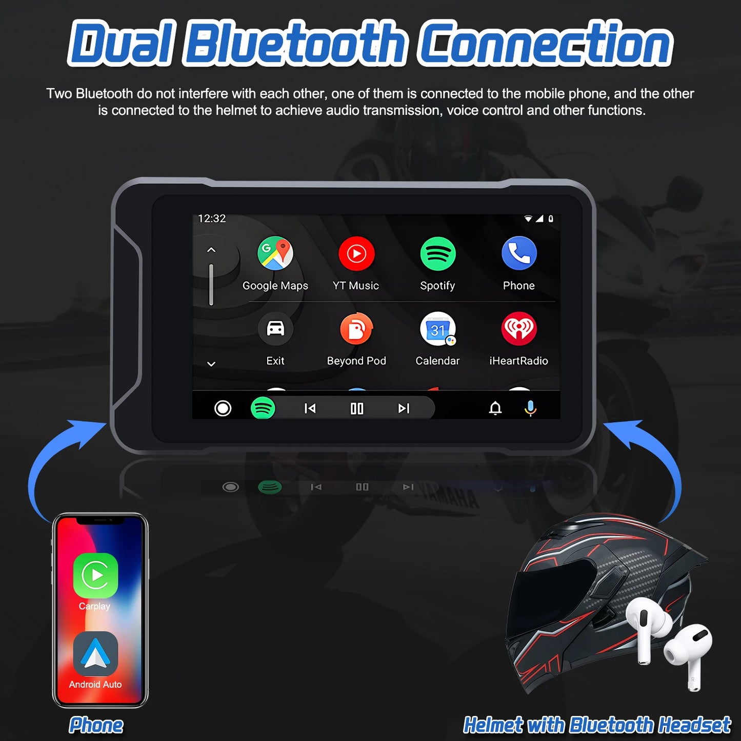 GPS Navigation Wireless Carplay IPS Touch Screen DVR 1080P Dual Dashcam with Front and Rear Cameras Tire Pressure for Motorcycle