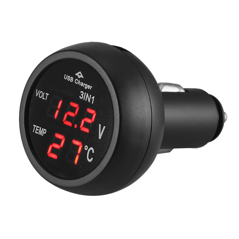 Car Charger 3 in 1 12/24V Charge with Voltmeter Switch Car Auto LED Digital Voltmeter Gauge Thermometer USB Charger