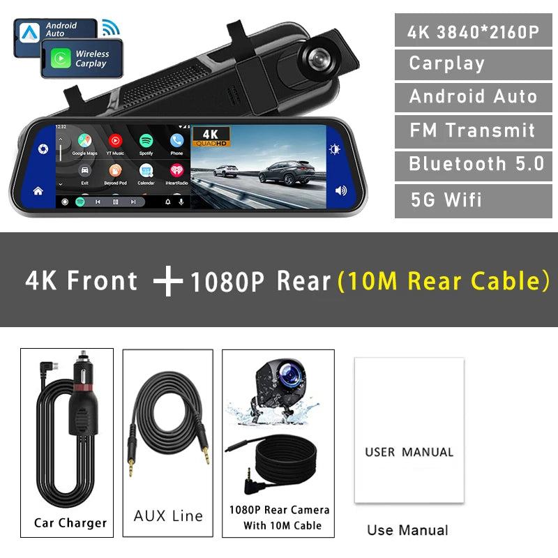 10" Dash Cam 4K 3840*2160P Car Dvr Carplay Android Auto GPS 5G WIFI AUX Stream RearView Mirror Dashcam Camera Drive Recorder FM