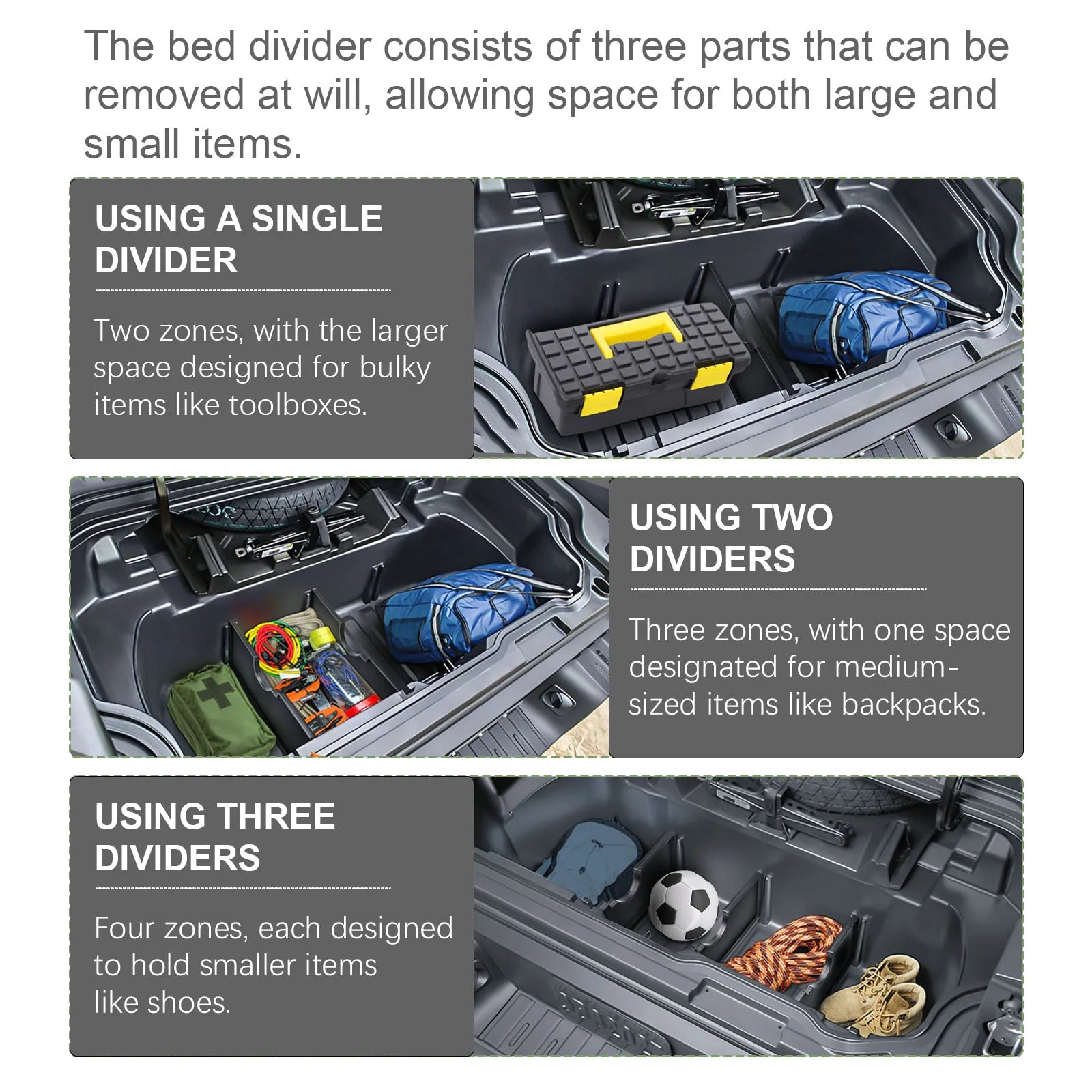 Divisores de almacenamiento para portón trasero, divisores de maletero para camioneta Honda Ridgeline 2017-2025, bandeja de divisores de caja de almacenamiento trasera, accesorios