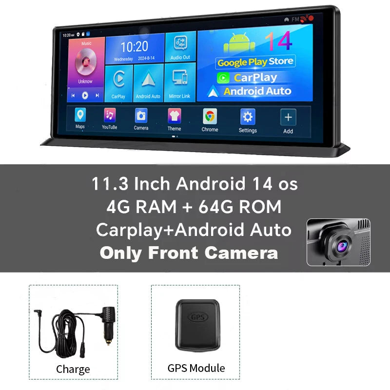 11.3" Android 14 Dash Cam with Carplay Android Auto 4GB+64GB Front Rear 1080P GPS Navigation WiFi Smart Rearview Mirror DVR