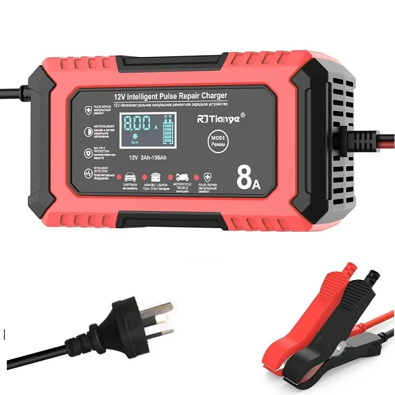 AU plug Car Battery Charger 12V 8A  Car and Motorcycle Battery Charging Device  Lead-acid Battery Smart Repair LCD Display