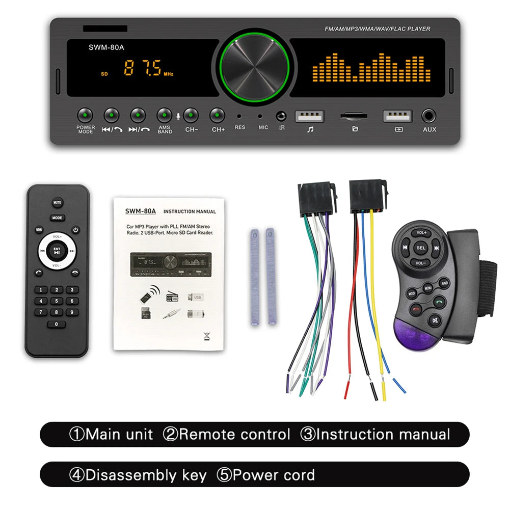 Car Radio Audio Stereo 1 Din Handsfree MP3 player AUX Input USB Bluetooth/FM/AM Audio Player Radio Station Multimedia Car Audio