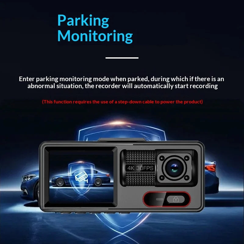 3-lens dash cam, 3-channel car-mounted high-definition night vision, 2-inch front and rear dual recording, WiFi connectivity