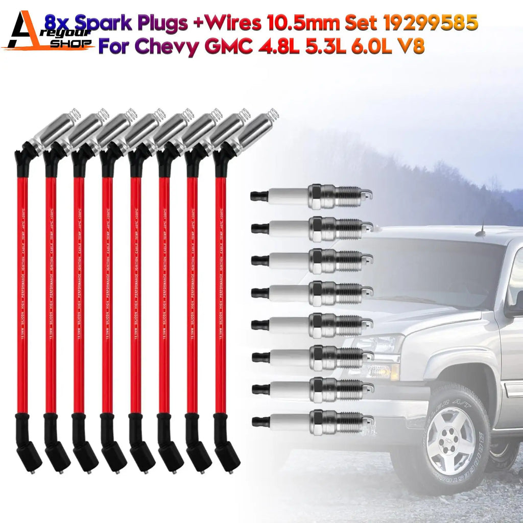 Areyourshop 8x Spark Plugs +Wires 10.5mm Set 19299585 For Chevy GMC 4.8L 5.3L 6.0L V8