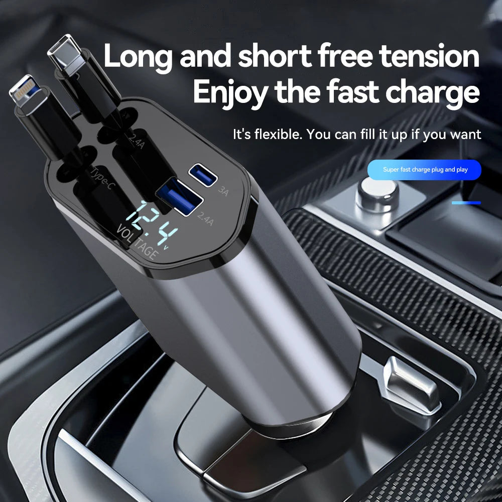 Retractable Car Charger 4 in 1 Fast Charging Car Charger 120W Dual Type-C Retractable Cable and 2 USB Ports Car Charger Adapter