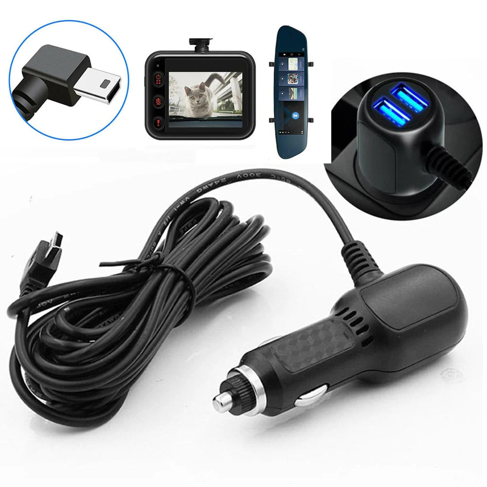 Car GPS Charger Car Driving Recorder Power Cord Dual USB 2 In 1 Multi-function Car Charger 11.5ft Power Cord Supply