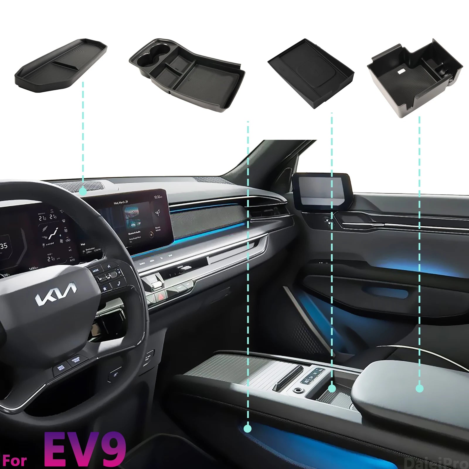 For KIA EV9 2024 2025 Car Center Console Organizer Armrest Storage Box Lower Storage Box Cup Holder Wireless Charger Panel Mat
