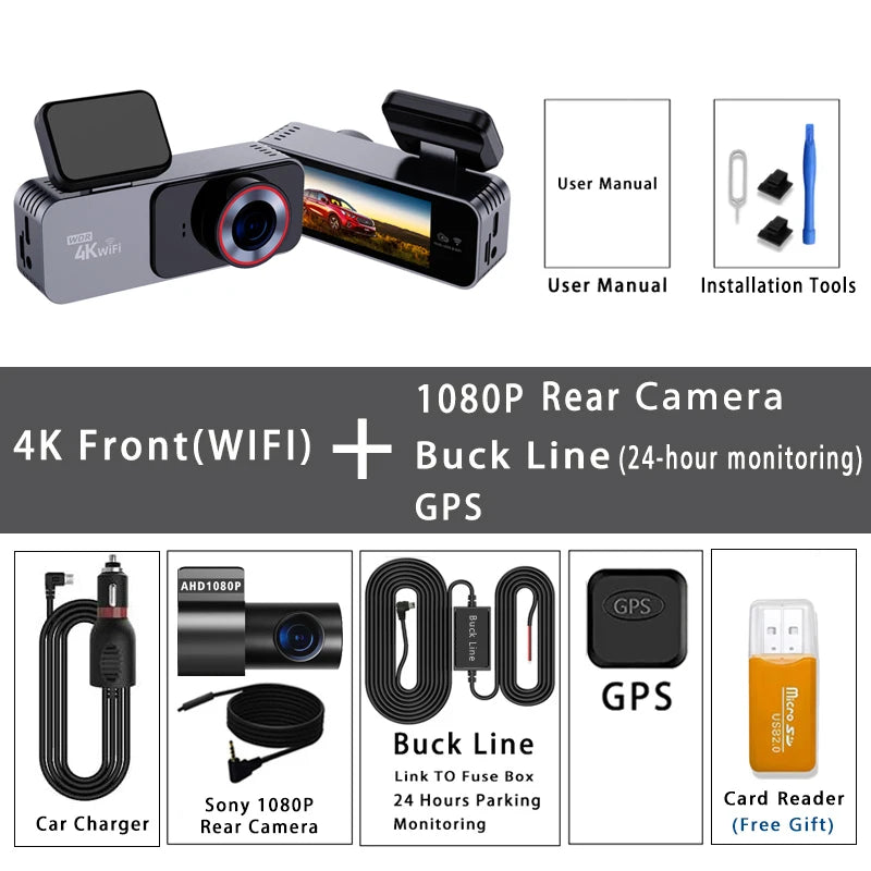 Dash Cam 4K 3840*2160P Car DVR WIFI GPS Mini Dual Lens Camera Front and Rear Dashcam Black Box Video Drive Recorder Night Vision