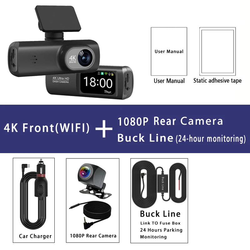 Dash Cam 4K 3840*2160P GPS WIFI Car DVR Front and Rear Dual Lens Auto Car Camera With Night Vision Dashcam 24H Parking Monitor