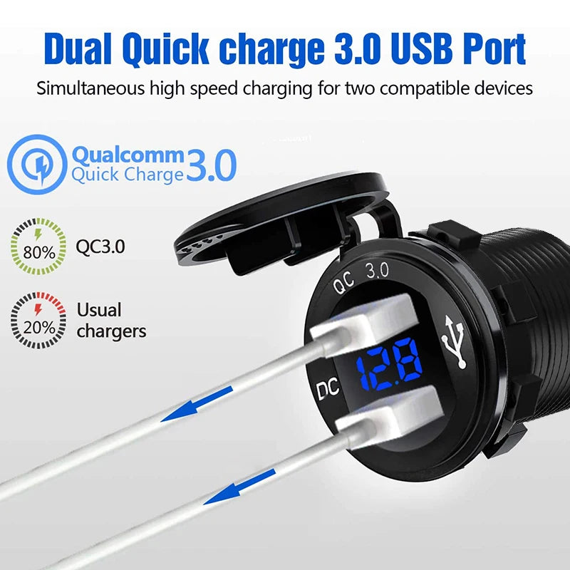 Quick Charger Aluminum QC3.0 Dual USB Car Charger with Switch Button LED Voltage Display for 12V/24V Cars Boats Motorcycle