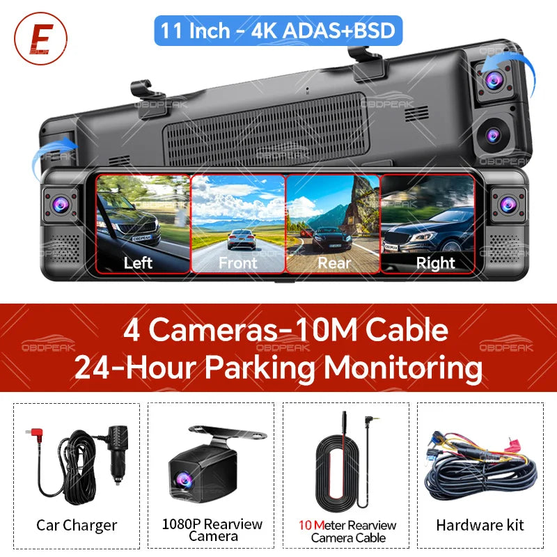 D80 Rearview Mirror 4K Dash Cam ADAS 4CH 360° Record Car DVR Interior Camera WIFI APP 1080P BSD Auto Video Recorder 24H Parking