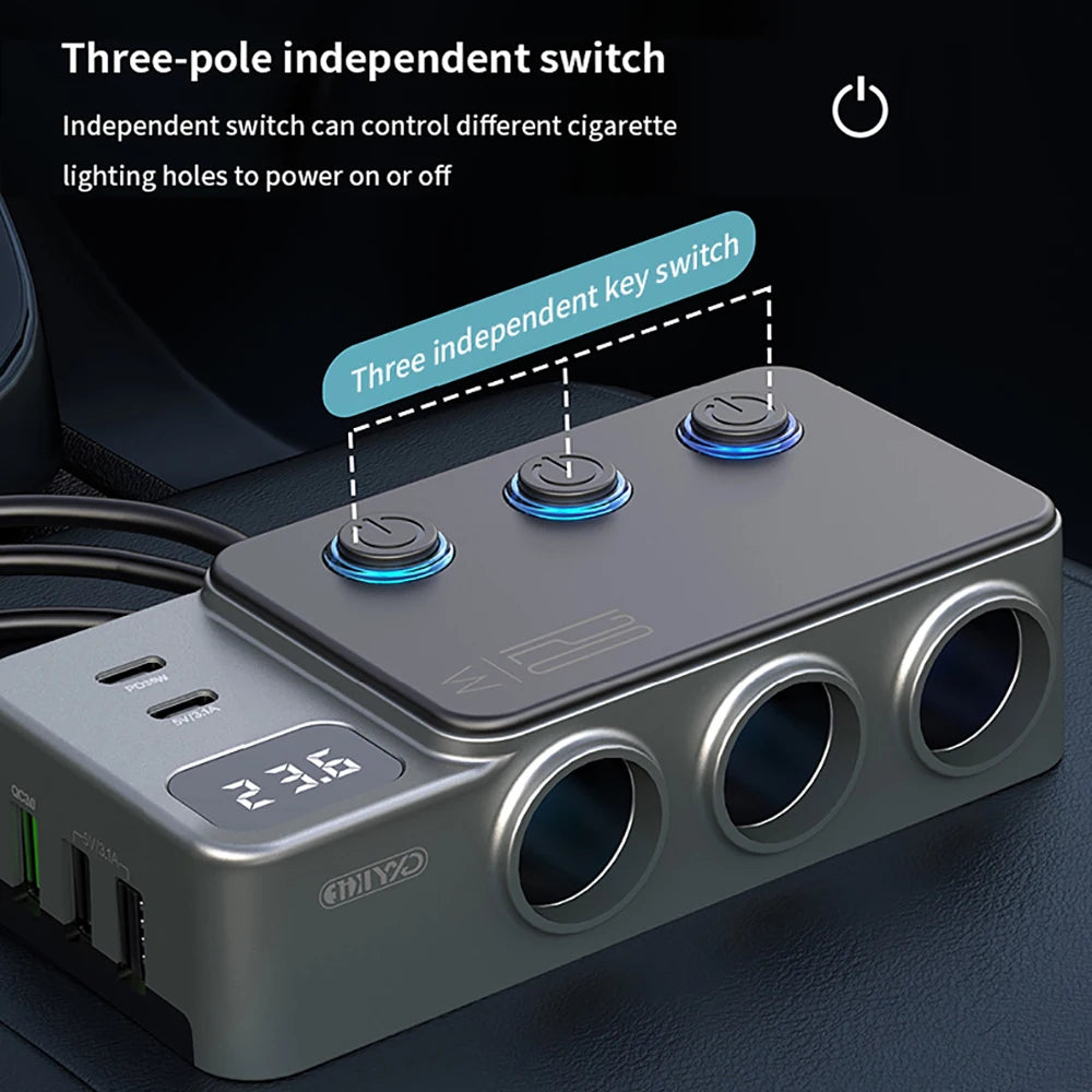 120W High Power Car Charger USB C/ One to Three Plug Converter Car Fast Charger Plug Power Adapter for iPhone GPS Dashcam