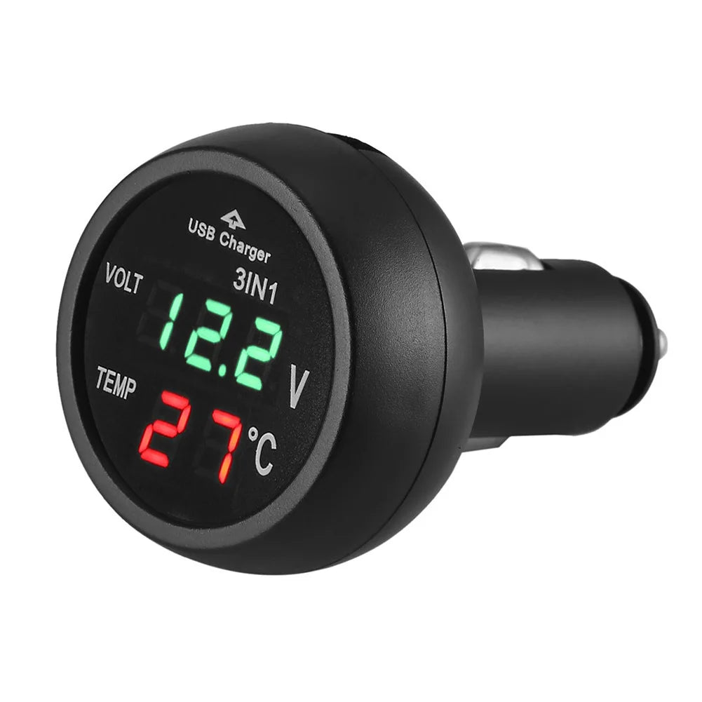 Car Charger 3 in 1 12/24V Charge with Voltmeter Switch Car Auto LED Digital Voltmeter Gauge Thermometer USB Charger