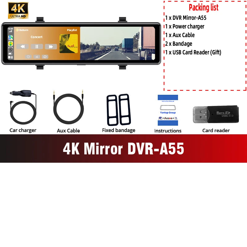 4K Dash Cam Car DVR with 5G WiFi BT FM AUX GPS Optional 1080P Rear View Camera Car Camera Recorder for Android Carplay Driving