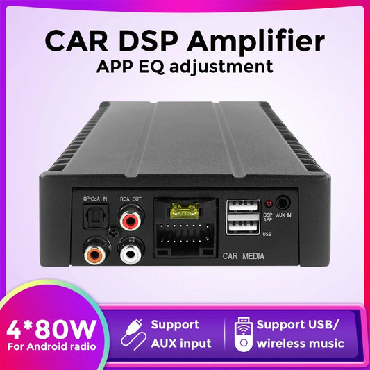 Car Digital Audio Processor DSP Amplifier 4*80W for Auto Radio Stereo USB RCA AUX Android App Tuning Wiring Harness 16 Pin Cable
