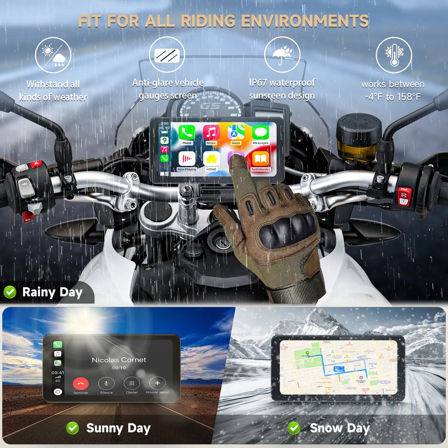 Motorcycle GPS with 6.25" Touchscreen – Wireless CarPlay & Android Auto, Waterproof, Plug & Play