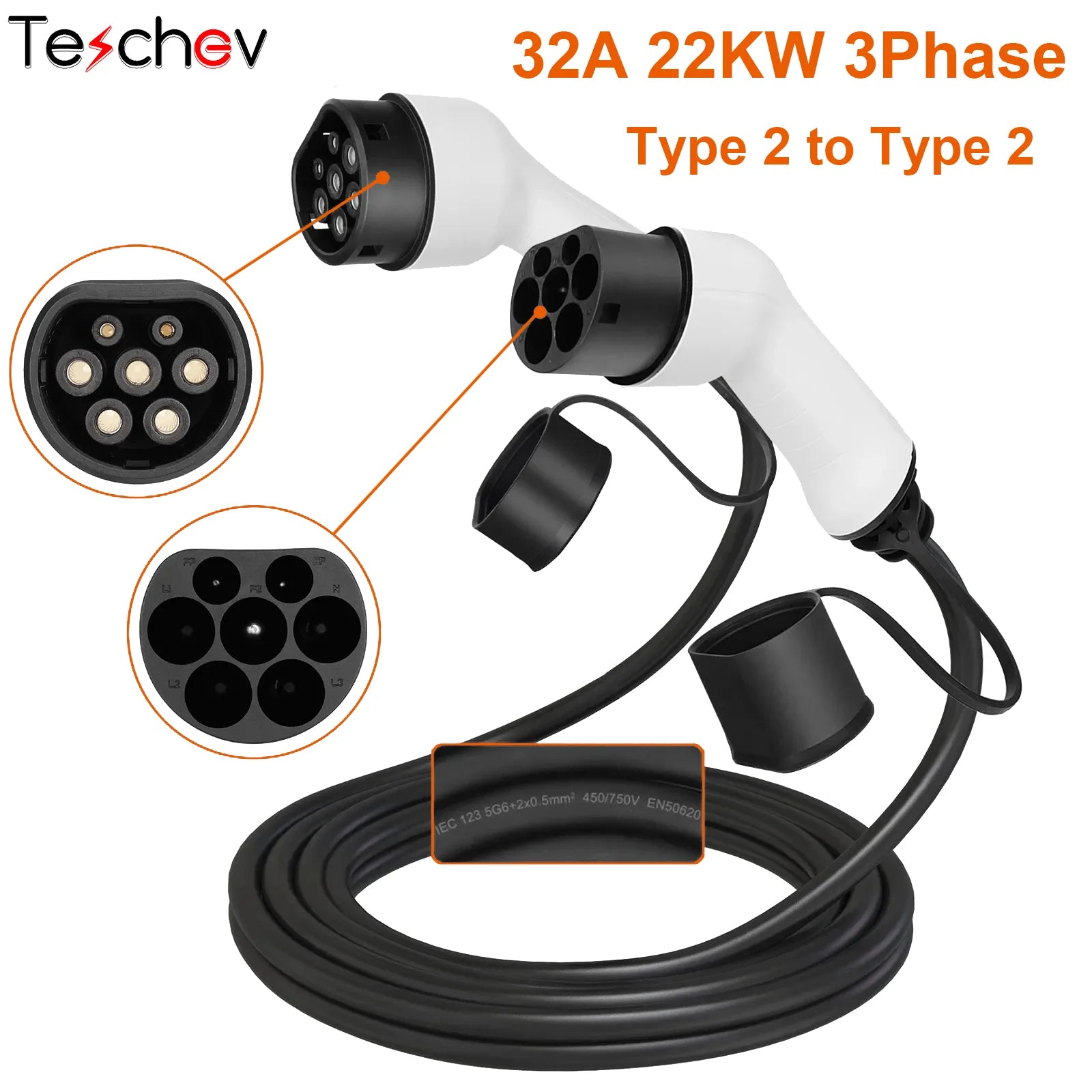 Teschev 16A/32A 11kW Type to Type2 EV Charging Charging Cable IEC 62196-2 Charger For PHEV Electric Vehicles In Public Station