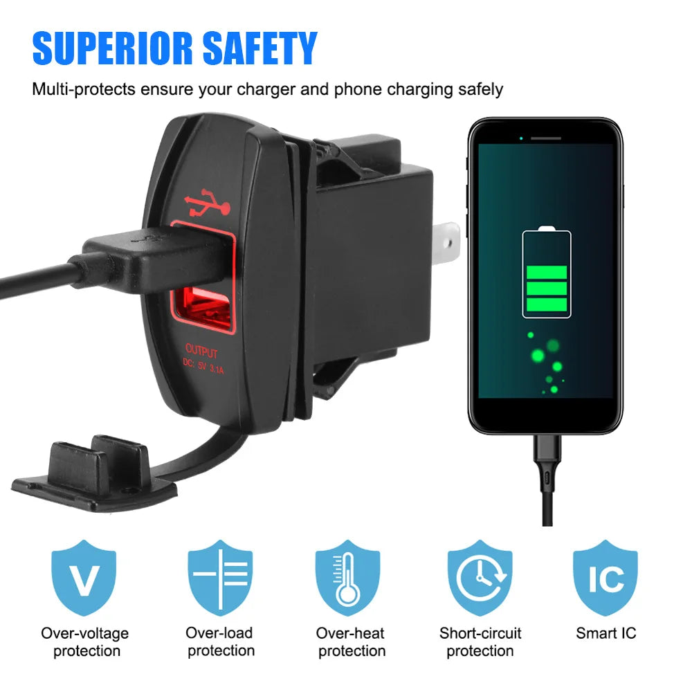 Car Charger 5V 3.1A LED Dustproof Phone Charger Waterproof Auto Adapter Dual USB Ports for Car RV Camper Caravans