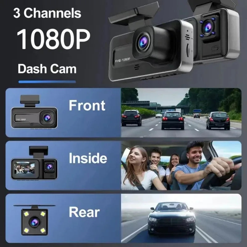 Dash Cam W/ IR Night Vision Loop Recording & 2" IPS Screen 1080P 3 Camera ， DVR recorder, video recorder, Vehicle DVR